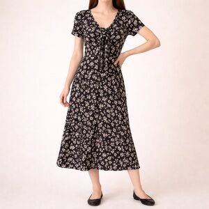 Vintage 90s Floral Maxi Dress Chocolate Brown Cream Boho Cottage Size Medium